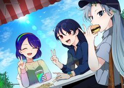  3girls absurdres alternate_costume black_camisole black_skirt blue_hair blue_shirt blue_sky bracelet burger camisole chair contemporary cup dress dutch_angle ear_piercing eyewear_on_head food french_fries glasses grey_eyes grey_hair grey_shirt hairband hat highres himemushi_momoyo iizunamaru_megumu jewelry kaisenpurin lace_collar lens_flare long_hair long_sleeves mullet multicolored_clothes multicolored_dress multicolored_hairband multiple_girls outdoors piercing rainbow_gradient red_eyes ring see-through shirt short_hair short_sleeves skirt sky smile smoothie tenkyuu_chimata touhou watch 