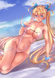  absurdres areola_slip bare_shoulders beach blonde_hair blue_eyes blue_sky blush bradamante_(fate) braid breasts center_opening cleavage collarbone commentary_request crown_braid day fate/grand_order fate_(series) female hair_between_eyes hand_on_own_chest highleg highleg_swimsuit highres large_breasts long_hair looking_at_viewer navel ocean open_mouth outdoors shore sky slingshot_swimsuit solo swimsuit thigh_strap thighs twintails uchida_shou very_long_hair white_slingshot_swimsuit 