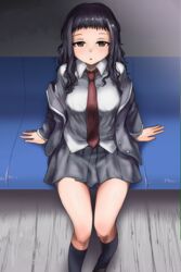  ao_ashi black_hair black_skirt black_socks breasts brown_eyes female highres jacket kaidou_anri long_hair looking_at_viewer medium_breasts necktie red_necktie shirt sitting skirt socks solo takehyiro wavy_hair white_shirt 