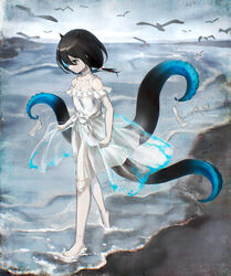  absurdres alternate_costume bandage_on_chest bandage_on_knee bandaged_arm bandaged_neck bandages bandaid bandaid_on_leg barefoot beach black_eyes black_hair bow breasts closed_mouth collarbone commentary_request dress expressionless female footprints full_body gauze hairbow happa_de_happy highres holding holding_shoes horns indie_virtual_youtuber looking_down low_twintails ocean outdoors overcast overskirt pale_skin profile ringed_eyes scar scar_on_chest see-through see-through_skirt shoes short_dress simple_bird skirt skirt_hold sky sleeveless sleeveless_dress small_breasts solo spaghetti_strap stitches tentacle tentacle_hold twintails virtual_youtuber wading white_bow white_dress yamata_ia 