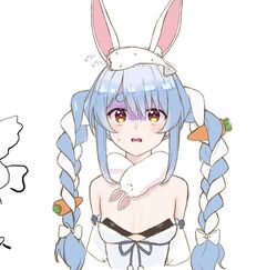  1no_se_hi_na animal_ear_fluff animal_ears animal_on_head bare_shoulders blue_hair braid breasts carrot_hair_ornament cleavage clothing_cutout creature cropped_torso detached_sleeves don-chan_(usada_pekora) dress extra_ears female fish fish_on_head food-themed_hair_ornament fur_scarf hair_ornament highres hololive long_hair looking_at_viewer multicolored_hair on_head open_mouth rabbit rabbit-shaped_pupils rabbit_ears rabbit_girl red_eyes sacabambaspis scarf short_eyebrows sidelocks simple_background small_breasts solo straight-on strapless strapless_dress sweat swept_bangs symbol-shaped_pupils thick_eyebrows twin_braids twintails two-tone_hair underboob_cutout upper_body usada_pekora usada_pekora_(1st_costume) virtual_youtuber white_background white_dress white_hair white_scarf white_sleeves 