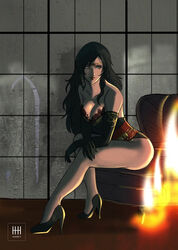  alternate_costume ass bare_shoulders black_hair breasts candle center_frills center_opening circlet cleavage collarbone condensation elbow_gloves female fire fire_emblem fire_emblem:_the_blazing_blade frills full_body gloves high_heels ihsnet indoors jewelry large_breasts leaning_forward lipstick long_hair looking_to_the_side makeup mature_female plunging_neckline red_sash sash sitting solo sonia_(fire_emblem:_the_blazing_blade) thighs window window_fog yellow_eyes 