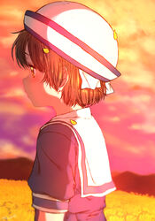  artist_name blue_dress brown_eyes brown_hair clannad cloud commentary_request dress female from_side hair_ribbon hat highres lolicon okazaki_ushio orange_sky outdoors petals profile ribbon sailor_collar sailor_dress sky solo sunset turbo_engine_(rakugaki_tabo) upper_body white_hat white_ribbon white_sailor_collar 