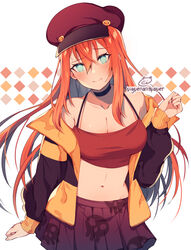  bare_shoulders black_choker blue_eyes blush breasts brown_hat cabbie_hat camisole choker cleavage closed_mouth collarbone commentary_request commission crop_top female hand_up hat head_tilt jacket long_hair long_sleeves medium_breasts midriff navel numbers_(pigpenandpaper) open_clothes open_jacket orange_hair orange_jacket original pleated_skirt print_skirt puffy_long_sleeves puffy_sleeves purple_skirt red_camisole signature skirt skull_print sleeves_past_wrists smile solo very_long_hair white_background 