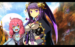  2girls :d blue_skin breasts colored_skin corset day flat_chest goth_fashion hand_on_own_hip large_breasts long_sleeves looking_at_viewer mizuchaya_youkan multiple_girls outdoors pink_hair purple_eyes purple_hair purple_ribbon ribbon riri_(sekaiju) scythe sekaiju_no_meikyuu sekaiju_no_meikyuu_5 smile sororu underboob upper_body yellow_eyes 