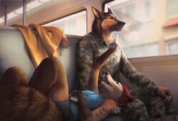  2019 american_flag anthro army black_body black_fur breasts brown_body brown_fur bus canid canine canis clothed clothing commercial_vehicle digital_media_(artwork) domestic_dog electronics female fox fur german_shepherd goldendruid herding_dog inside_bus magarnan male mammal military military_uniform officer open_mouth pastoral_dog portable_music_player public_transportation realistic realistic_anthro sitting teeth tongue uniform united_states_of_america vehicle vehicle_for_hire 