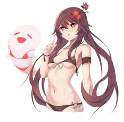  :p bare_shoulders bead_bracelet beads bikini black_bikini boo_tao_(genshin_impact) bow bowtie bracelet breasts brown_hair commentary cropped_legs female flower genshin_impact ghost groin hair_flower hair_ornament halterneck highres hu_tao_(genshin_impact) index_finger_raised jewelry md5_mismatch mung_(larnec) navel oerba_yun_fang open_mouth plum_blossoms red_eyes simple_background small_breasts smile solo_focus star-shaped_pupils star_(symbol) stomach string_bikini swimsuit symbol-shaped_pupils tongue tongue_out twintails underboob white_background 