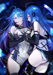  2girls ahoge armpit_crease ass azur_lane back_cutout bare_shoulders black_footwear black_gloves black_panties black_thighhighs blue_hair boots breasts clothing_cutout commentary dual_persona elbow_gloves gloves hand_on_another&#039;s_face helena_(azur_lane) helena_(meta)_(azur_lane) highres holding_hands interlocked_fingers kai_(ootamuno12) long_hair looking_at_another looking_at_viewer medium_breasts multicolored_hair multiple_girls panties purple_eyes purple_hair red_eyes tabard thigh_boots thighhighs thighs two-tone_hair underwear 