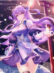  black_thighhighs breasts china_dress chinese_clothes chinese_commentary cleavage closed_mouth commentary dress female hair_between_eyes hair_ornament highres long_hair long_sleeves looking_at_viewer original purple_dress purple_eyes purple_hair solo thighhighs zhang_(pixiv62336231) 