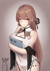  azur_lane bad_id bad_pixiv_id bare_shoulders black_ribbon book braid breast_press breasts brown_eyes brown_hair china_dress chinese_clothes chinese_commentary cleavage cleavage_cutout clothing_cutout commentary_request covered_navel dress female hair_between_eyes hair_ribbon highres holding holding_book hugging_book hugging_object large_breasts long_hair mole mole_under_mouth official_alternate_costume pelvic_curtain ribbon sash side_slit smile solo swiftsure_(azur_lane) swiftsure_(beauty_of_white_jade)_(azur_lane) tiankong_pie_ai very_long_hair white_dress 