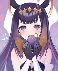  animal_ears bare_shoulders black_dress black_hair blunt_bangs blush commentary dress female gradient_hair grey_eyes halo headpiece highres hime_cut hololive hololive_english long_hair mole mole_under_eye multicolored_hair ninomae_ina&#039;nis ninomae_ina&#039;nis_(1st_costume) oerba_yun_fang orange_hair purple_hair sidelocks skin_fang solo_focus strapless strapless_dress symbol-only_commentary takodachi_(ninomae_ina&#039;nis) tentacle_hair uehara_(dormmmmir_) virtual_youtuber 