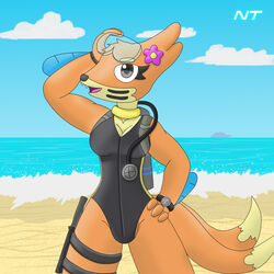  1:1 2_tails aki_waihana anthro arm_fins beach biped black_eyes breasts buizel clock clothing cloud digital_media_(artwork) diving_mask diving_suit eyelashes eyewear female fin flower flower_accessory flower_on_head front_view fur generation_4_pokemon goggles grey_eyes hand_above_head hand_on_head hand_on_hip head_tuft hi_res knife knife_sheath looking_at_viewer mammal mask medium_breasts multi_tail mustelid ninjatreecko nintendo one-piece_swimsuit orange_body orange_fur outside oxygen_tank plant pokemon pokemon_(species) pokemorph portrait scuba_gear sea seaside shaded smile smiling_at_viewer solo spread_legs spreading standing swimwear tail three-quarter_portrait tuft watch water wave wristwatch 