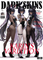  3girls absurdres alternate_hair_length alternate_hairstyle animal_ear_fluff animal_ears ass b-pang bad_id bad_twitter_id barcode bare_shoulders black_footwear black_hair black_hairband black_leotard blue_archive breasts brown_pantyhose butt_crack closed_mouth commentary cover cover_page cross_pasties dark-skinned_female dark_skin detached_collar english_text fake_animal_ears fishnet_pantyhose fishnet_top fishnets full_body gloves gradient_hair hair_between_eyes hairband halo high_heels highres karin_(blue_archive) karin_(bunny)_(blue_archive) large_breasts leotard long_hair long_sleeves looking_at_viewer magazine_cover medium_hair meme_attire multicolored_hair multiple_girls multiple_persona official_alternate_costume open_mouth pantyhose parody pasties playboy_bunny purple_hair rabbit_ears reverse_bunnysuit reverse_outfit short_hair shrug_(clothing) simple_background skindentation strapless strapless_leotard strappy_heels streaked_hair tail tape tape_on_nipples thigh_strap thighs title_parody very_long_hair white_background white_gloves white_pantyhose wrist_cuffs yellow_eyes 