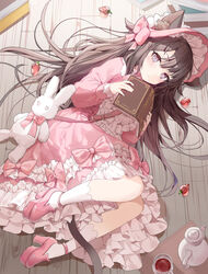  animal_ear_fluff animal_ears bonnet book bow brown_hair cat_ears cat_girl cat_tail commentary cup dress ears_through_headwear female food frilled_dress frills fruit high_heels highres lolita_fashion long_hair lying on_floor on_side original pink_bow pink_dress pink_footwear platform_footwear purple_eyes ronopu solo strawberry stuffed_animal stuffed_rabbit stuffed_toy sweet_lolita symbol-only_commentary tail tea teacup teapot white_legwear 