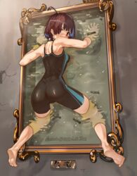  ahoge ass bare_legs barefoot brown_eyes brown_hair female from_behind full_body glory_wall highres koutetsujou_no_kabaneri looking_at_viewer looking_back mumei_(kabaneri) one-piece_swimsuit picture_frame restrained short_hair solo stuck swimsuit through_wall vorpal_cotton 