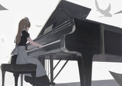  animal apron bad_id bad_pixiv_id bird black_dress brown_hair closed_eyes commentary dress female grey_background instrument long_hair maid maid_headdress music original piano piano_bench playing_instrument profile puffy_short_sleeves puffy_sleeves shadow shii_(kairi-t-k0317) short_sleeves sitting solo waist_apron white_apron 