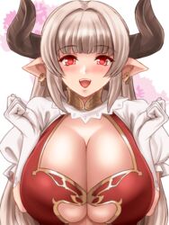  alicia_(granblue_fantasy) blunt_bangs breasts cleavage draph earrings female gloves granblue_fantasy horns huge_breasts jewelry long_hair open_mouth platinum_blonde_hair pointy_ears puffy_short_sleeves puffy_sleeves red_eyes short_sleeves smile solo suzuki_sakura very_long_hair 