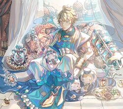  1boy abs ahoge aladdin_(sinoalice) arabian_clothes armor bad_id bad_twitter_id blanket blonde_hair blue_eyes blue_little_pig_(sinoalice) bracelet breastplate building closed_mouth cup curtains drinking_glass food gem green_little_pig_(sinoalice) hanazome_march highres hot_dog ice_cream indoors jewelry lamp male_focus muscular muscular_male pig pillow plate red_little_pig_(sinoalice) scroll short_hair signature sinoalice sitting smile solo window wine_glass 