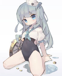  absurdres arm_support barefoot black_one-piece_swimsuit blue_eyes compass covered_navel expressionless feet female grey_hair highres leaning_back legs_apart long_hair nep_(nep_76) no_pants one-piece_swimsuit original oversized_object school_uniform serafuku shirt short_sleeves sitting solo swimsuit swimsuit_under_clothes thighs white_headwear white_shirt 