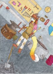  absurd_res anthro anvil blacksmith blue_eyes brown_hair building canid clothing collar detailed_background diamondt female fur hair hammer hi_res hybrid kyler_lemons mammal melee_weapon shed smithing solo spots sword thankfullorris tools traditional_media_(artwork) weapon yellow_body yellow_fur 