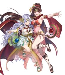  2girls armor armpits belt blue_eyes blue_hair bracelet breastplate breasts cape choker closed_mouth covered_navel dress earrings feet fire_emblem fire_emblem:_mystery_of_the_emblem fire_emblem:_thracia_776 fire_emblem_heroes floating floating_object gold_trim hair_ornament hand_up high_ponytail highres jewelry kousei_horiguchi leg_up legs leotard linde_(fire_emblem) linde_(khadein)_(fire_emblem) long_hair looking_away medium_breasts multiple_girls non-web_source official_art open_mouth parted_bangs pink_leotard ponytail sandals sara_(fire_emblem) sara_(khadein)_(fire_emblem) see-through short_dress sleeveless small_breasts smile thighs tiara toeless_footwear toenails toes transparent_background 