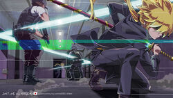  3boys battle blonde_hair closed_mouth del-chan fifteen_(katana_zero) formal glitch highres katana katana_zero long_hair male_focus messy_hair multiple_boys photoshop_(medium) police ponytail security_camera security_guard shaded_face sheath slashing suit swat sword teleport uniform very_long_hair watermark weapon web_address 