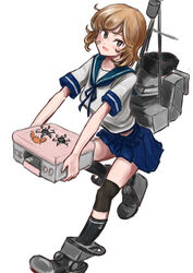  bandaid bandaid_on_face black_socks blush brown_eyes brown_hair commentary crab double_burner_stove_oboro female fish_grill highres holding holding_stove kantai_collection knee_pads leg_up machinery oboro_(kancolle) open_mouth portable_stove school_uniform serafuku short_hair simple_background smile smokestack socks solo spi_(kugepot) stove white_background 