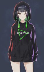  arms_at_sides black_background black_hair black_hoodie black_ribbon blunt_bangs brown_eyes closed_mouth clothes_writing commentary cowboy_shot drawstring english_text female gradient_hair green_hair highres hood hood_up hoodie idolmaster idolmaster_shiny_colors long_sleeves looking_at_viewer mayuzumi_fuyuko multicolored_hair no_pants ribbon short_hair_with_long_locks sidelocks simple_background sleeves_past_wrists solo suke_(momijigari) 