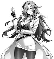  arm_under_breasts azur_lane azur_lane:_slow_ahead blush breasts chkalov_(azur_lane) cleavage coat female gloves greyscale high-waist_skirt hori_(hori_no_su) jacket large_breasts long_hair miniskirt mole mole_under_eye monochrome official_art pantyhose pencil_skirt shirt shirt_tucked_in skirt solo 