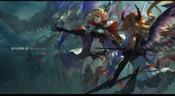  4girls armor backlighting black_gloves blonde_hair boots breastplate breasts cloak cloud crop_top dark dark_angel_olivia dark_jeanne djeeta_(granblue_fantasy) dragon elbow_gloves floating_hair gloves gold_trim granblue_fantasy hairband halberd highres holding holding_weapon horns jeanne_d&#039;arc_(granblue_fantasy) large_breasts long_hair looking_away midriff multiple_girls navel outstretched_arm photoshop_(medium) polearm red_eyes red_shorts short_hair short_shorts shorts sleeveless spear standing stomach swd3e2 sword thigh_boots thighhighs weapon white_cloak wings zooey_(granblue_fantasy) 