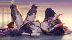  3d akasaai ankle_ribbon architecture bare_shoulders barefoot barefoot_sandals_(jewelry) blender_(medium) blush bob_cut breasts collarbone commentary covered_nipples east_asian_architecture english_commentary eyeliner fate/grand_order fate_(series) female hair_ornament highres hikimayu horns japanese_clothes kimono knee_pads leg_ribbon lips looking_at_viewer lying lying_on_water makeup mask medium_breasts navel obi oerba_yun_fang off_shoulder on_back oni oni_mask open_clothes open_kimono open_mouth outdoors partially_submerged pointy_ears purple_eyes purple_hair purple_kimono red_ribbon revealing_clothes ribbon sash shiny_skin short_eyebrows short_hair shuten_douji_(fate) skin-covered_horns smile solo thighhighs toeless_legwear tongue tongue_out ucupumar wet wet_clothes wet_hair wide_sleeves 