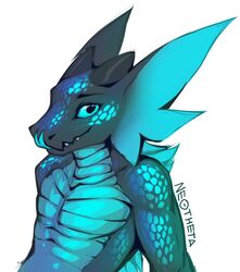  2021 black_body blue_body blue_eyes digital_media_(artwork) dragon glowing glowing_body glowing_scales looking_at_viewer male mythological_creature mythological_scalie mythology neotheta scales scalie simple_background smile theo_(neotheta) tongue white_background 