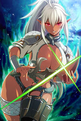  ahoge armor breasts cleavage dagger dark-skinned_female dark_elf dark_skin echidna_(queen&#039;s_blade) echidna_(queen&#039;s_blade_unlimited) elf female glint greaves holding holding_sword holding_weapon holster huge_breasts knife looking_at_viewer navel no_panties official_art pointy_ears ponytail queen&#039;s_blade queen&#039;s_blade_unlimited queen&#039;s_blade_white_triangle red_eyes revealing_clothes silver_nails simple_background smile snake solo sword thigh_holster vambraces weapon white_hair 