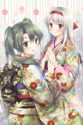  2girls alternate_costume brown_eyes commentary_request dark_green_hair floral_print furisode green_eyes headband highres japanese_clothes kantai_collection kimono long_hair long_sleeves looking_back minakami_nagara multiple_girls obi red_headband sash shoukaku_(kancolle) smile white_hair wide_sleeves zuikaku_(kancolle) 