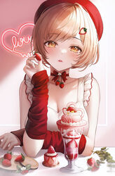  arm_warmers bare_shoulders beret blonde_hair blurry blush bow bowtie breasts cheesecake choker cleavage coaster collarbone commentary day female flower food food-themed_hair_ornament frilled_shirt frills fruit hair_ornament hat heart highres holding holding_food holding_fruit ice_cream indoors kottungyang large_breasts light_particles long_sleeves looking_at_viewer original parfait pendant_choker puckered_lips red_bow red_choker red_hat red_nails red_sleeves red_theme shirt short_hair sleeveless sleeveless_shirt solo strawberry strawberry_blossoms strawberry_hair_ornament strawberry_necklace strawberry_parfait sundae sunlight swept_bangs symbol-only_commentary table upper_body white_shirt yellow_eyes 