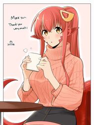  absurdres aran_sweater blush breasts cable_knit commission commissioner_upload cup female fingernails hair_between_eyes hair_ornament highres lamia long_hair looking_at_viewer medium_breasts miia_(monster_musume) monster_girl monster_musume_no_iru_nichijou mug pointy_ears ponytail red_hair scales sidelocks sitting skeb_commission skirt slit_pupils solo steam suika_aji sweater table yellow_eyes 