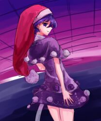  absurdres bad_id bad_pixiv_id bright_pupils capelet cowboy_shot doremy_sweet dress female hat highres legs_together nightcap nob1109 pom_pom_(clothes) purple_eyes purple_hair red_hat short_hair sideways_mouth smile solo tail tapir_tail touhou white_pupils 