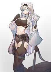  absurdres animal_ears arknights aurora_(arknights) bear_ears belt black_gloves black_hairband black_sports_bra blue_eyes breasts chaps commentary crop_top feet_out_of_frame female gloves gradient_background grey_background hairband hand_up highres holding infection_monitor_(arknights) long_hair long_sleeves looking_at_viewer midriff naoel_(naoel_art) navel pouch shrug_(clothing) solo sports_bra standing stomach thighs very_long_hair white_hair 