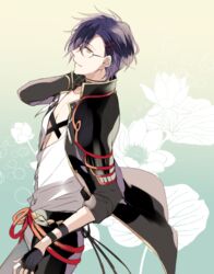  1boy akashi_kuniyuki black_gloves black_pants flower glasses gloves green_eyes hair_ornament hairclip jacket kuroemon male_focus open_clothes open_shirt pants purple_hair smile touken_ranbu 