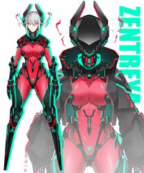  absurdres android aqua_nails black_gloves black_jacket bodysuit breasts bright_pupils character_name chin_guard elbow_gloves feet_out_of_frame female full_body gauntlets gloves glowing glowing_eyes glowing_nails grey_hair hair_between_eyes helmet highres horns jacket large_breasts looking_at_viewer mechanical_horns mechanical_legs multiple_views official_art open_clothes open_jacket red_bodysuit science_fiction short_twintails smile standing twintails virtual_youtuber vshojo white_background white_hair white_pupils yellow_eyes yuniiho zentreya zentreya_(cyborg) zentreya_(cyborg)_(1st_costume) 