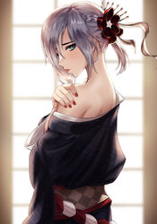  angdo_(kakajo26) bare_shoulders blurry braid commentary female flower from_side girls&#039;_frontline grey_hair hair_flower hair_ornament hand_on_own_shoulder hand_up highres japanese_clothes kimono lips looking_at_viewer mg5_(dark_blossom_of_the_end)_(girls&#039;_frontline) mg5_(girls&#039;_frontline) nail_polish obi off_shoulder official_alternate_costume parted_lips red_flower red_nails sash short_hair solo upper_body 