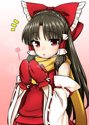  absurdres bare_shoulders black_hair bow breath breathing_on_hands cold commentary_request detached_sleeves female frilled_bow frills gradient_background hair_tubes hairbow hakurei_reimu highres itou_yuuji long_hair looking_at_viewer mittens nontraditional_miko partial_commentary red_bow red_eyes scarf sidelocks simple_background solo touhou yellow_scarf 