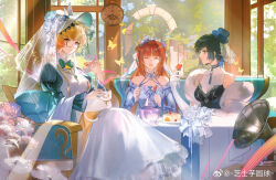  3girls :d absurdres alternate_costume animal_on_lap bare_shoulders black_hair blonde_hair blue_hat blue_sleeves breasts brown-framed_eyewear chair chinese_commentary circlet cleavage clock closed_eyes commentary_request day detached_sleeves dress elbow_gloves emilie_(genshin_impact) feline flower food fork fruit genshin_impact glasses gloves hair_flower hair_ornament hand_up hat headdress highres holding holding_fork indoors light_smile long_hair looking_at_viewer medium_breasts multiple_girls nilou_(breeze_of_sabaa)_(genshin_impact) nilou_(genshin_impact) official_alternate_costume on_lap pink_flower purple_flower red_eyes red_hair see-through see-through_cleavage semi-rimless_eyewear sitting smile strawberry very_long_hair weibo_watermark white_dress white_flower white_gloves white_hat white_veil yelan_(genshin_impact) zhishi_yuyuanqiu 