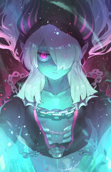  :/ aura blue_skin chains colored_skin commentary_request female flat_chest hair_over_one_eye highres hood hoodie looking_at_viewer mya-zawa necromancer_(sekaiju) necromancer_2_(sekaiju) open_clothes open_hoodie pink_eyes pointy_ears scar scar_on_face sekaiju_no_meikyuu sekaiju_no_meikyuu_5 sleeves_past_fingers sleeves_past_wrists solo white_hair 