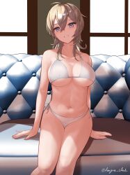  absurdres ahoge bikini blonde_hair breasts couch dangan_kurabu female grey_eyes hair_between_eyes highres indoors kantai_collection large_breasts long_hair navel on_couch side-tie_bikini_bottom sitting solo swimsuit tuscaloosa_(kancolle) white_bikini 