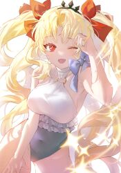  absurdres armpits black_tiara blonde_hair breasts covered_navel cowboy_shot ereshkigal_(fate) fate/grand_order fate_(series) female hair_between_eyes highres long_hair medium_breasts one-piece_swimsuit one_eye_closed open_mouth red_eyes red_ribbon ribbon sake_onicure space_ereshkigal_(fate) space_ereshkigal_(first_ascension)_(fate) swimsuit thighs tiara twintails two-tone_one-piece_swimsuit white_background 