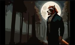  anthro clothed clothing digital_media_(artwork) forest forest_background hair hi_res jacket lupelongo male mammal moon muscular muscular_male nature nature_background night nipples outside plant procyonid sky smile solo tail topwear tree vector wallpaper were wereccoon wereprocyonid wereraccoon 