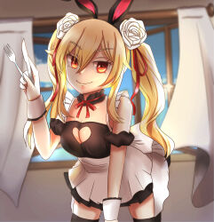  absurdres animal_ears apron black_collar black_dress black_thighhighs blonde_hair blurry blurry_background breasts brown_dust_2 cleavage cleavage_cutout closed_mouth clothing_cutout collar dress eyebrows_hidden_by_hair fake_animal_ears female flower fork frilled_collar frills hair_between_eyes hair_flower hair_ornament hane0405 highres holding holding_fork holding_knife knife large_breasts leaning_forward liatris_(brown_dust) long_hair looking_at_viewer maid rabbit_ears red_eyes smile solo thighhighs twintails waist_apron white_apron white_flower white_wrist_cuffs window wrist_cuffs 