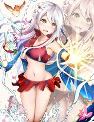  absurdres bare_shoulders bikini bikini_skirt bird blue_scarf breasts clam_shell cleavage collarbone female fire_emblem fire_emblem:_radiant_dawn fire_emblem_heroes flower gloves grey_hair groin hair_flower hair_ornament hair_ribbon highres long_hair looking_at_viewer medium_breasts micaiah_(fire_emblem) micaiah_(summer)_(fire_emblem) navel nenemu0 official_alternate_costume plumeria red_bikini red_gloves ribbon sandals scarf solo swimsuit torn_clothes yellow_eyes yune_(fire_emblem) zoom_layer 