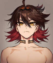  1boy ahoge artist_name black_hairband brown_eyes brown_hair closed_mouth collarbone colored_inner_hair commentary_request frown gaming_(genshin_impact) genshin_impact grey_background hair_between_eyes hair_intakes hairband highres jewelry looking_at_viewer male_focus medium_hair mole mole_on_neck multicolored_hair neck_ring ojo_aa red_hair serious signature simple_background solo topless_male twitter_username two-tone_hair upper_body v-shaped_eyebrows watermark 